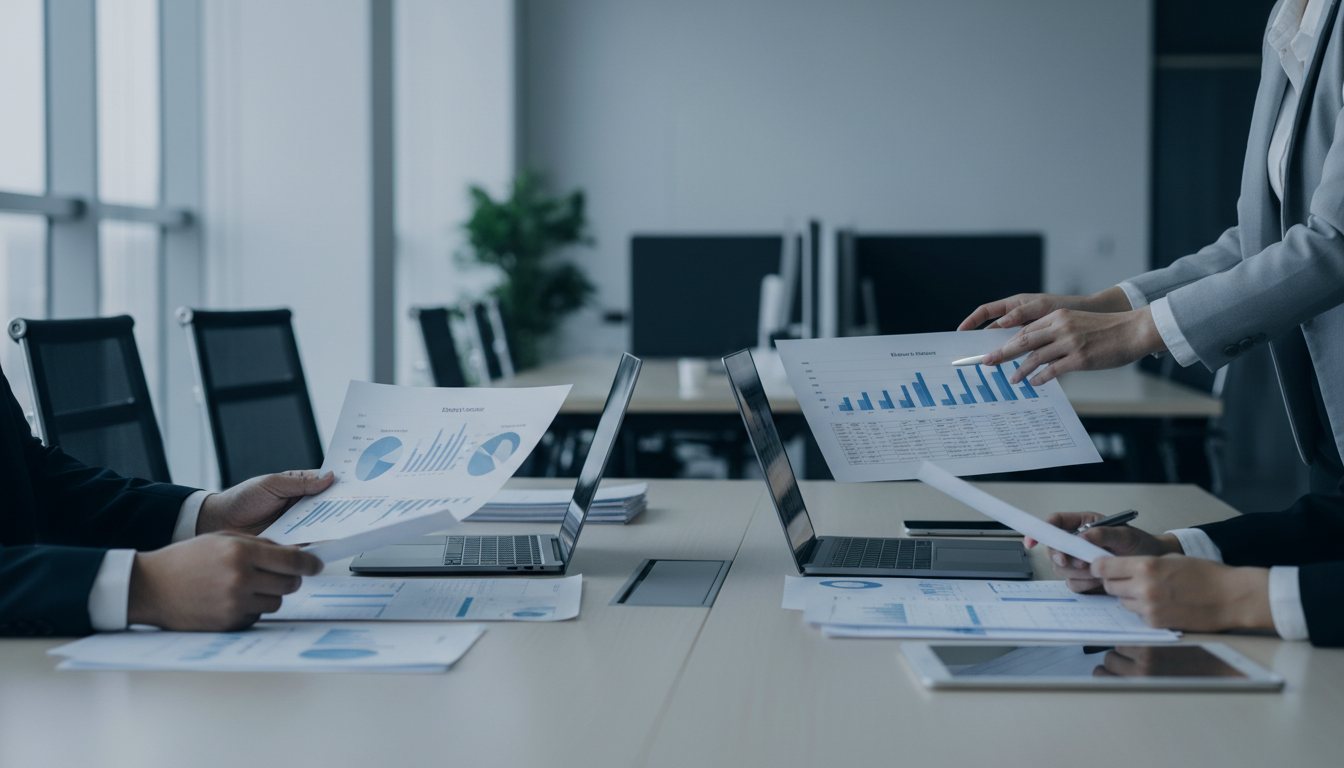 Firefly_Gemini Flash_Realistic corporate photo, hands of professionals reviewing printed financial documen 225145